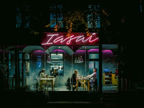 a restaurant from outside at night